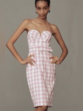 Maeve Pink and White Gingham Strapless Midi Dress